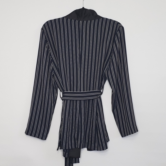 Zara Dark Navy White Striped Women's Relaxed Smoking Jacket Blazer Large - Picture 8 of 15